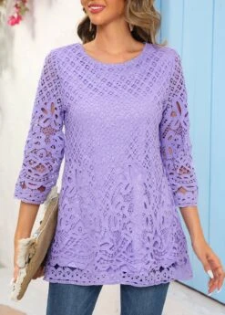 Light Purple Lace 3/4 Sleeve Blouse