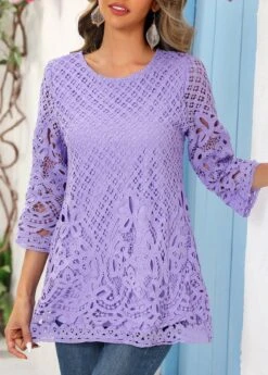 Light Purple Lace 3/4 Sleeve Blouse -Women Clothing Sales Store 318790 P 16730049206962