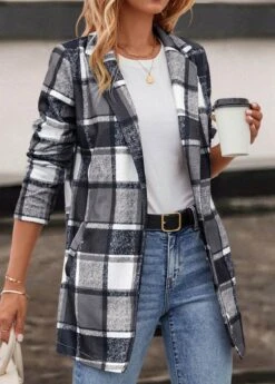Dark Grey Pocket Plaid Long Sleeve Lapel Coat 11 Dark Grey Pocket Plaid Long Sleeve Lapel Coat -Women Clothing Sales Store 318969 P 16675458923095