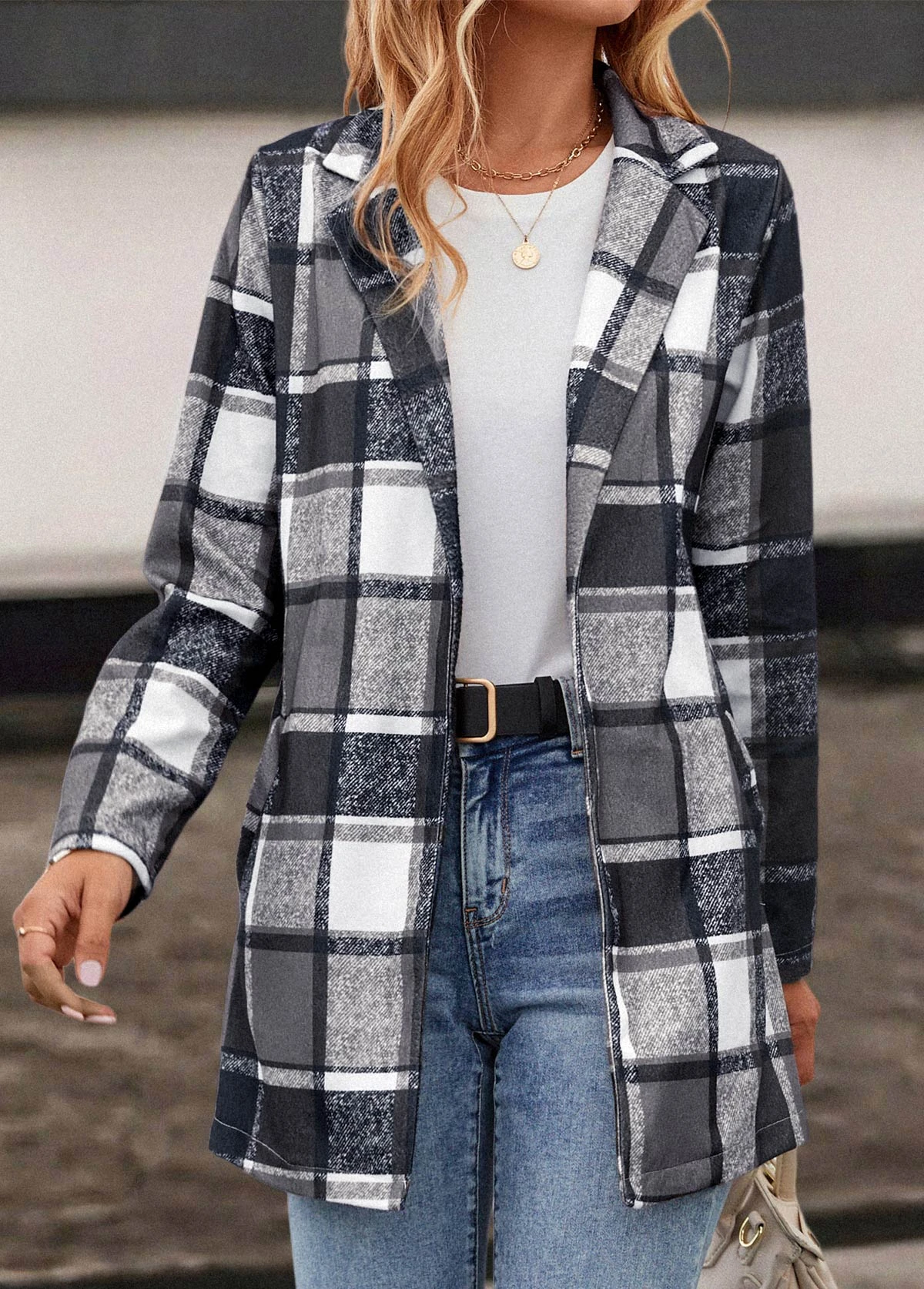 Dark Grey Pocket Plaid Long Sleeve Lapel Coat 4 Dark Grey Pocket Plaid Long Sleeve Lapel Coat - Image 4