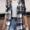 Dark Grey Pocket Plaid Long Sleeve Lapel Coat