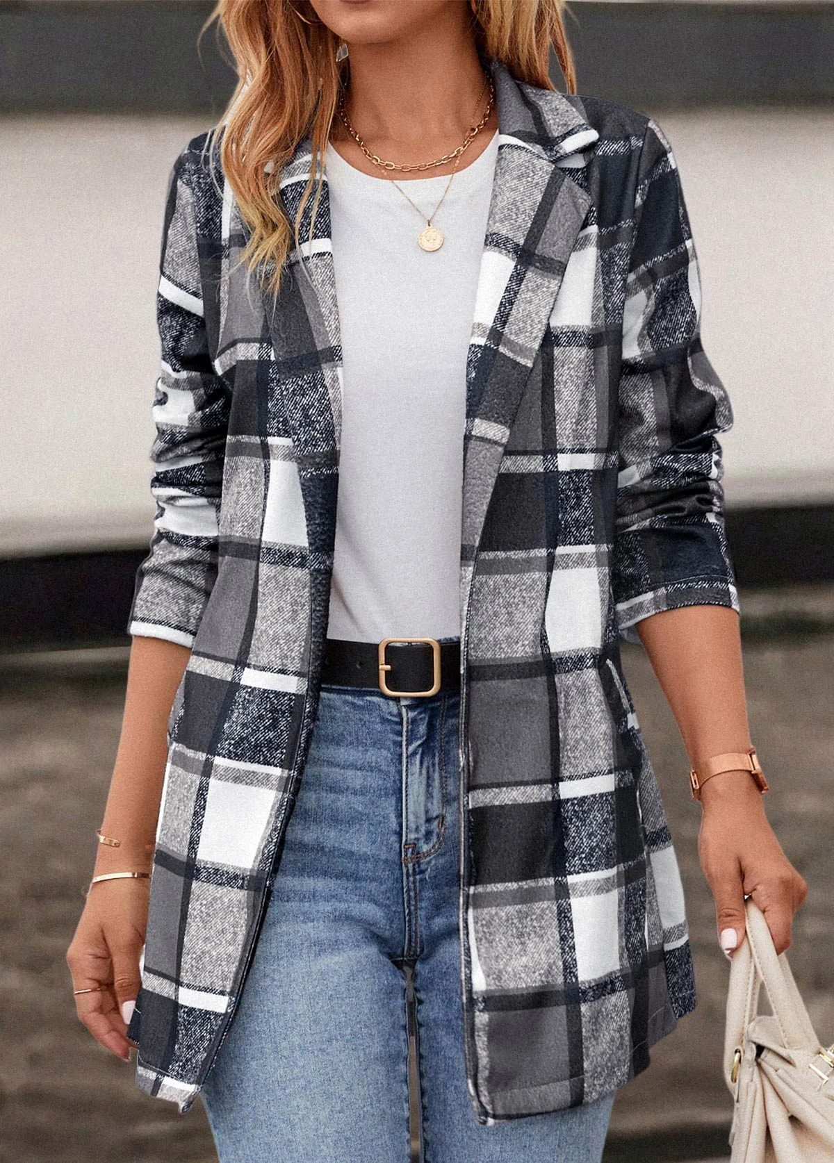 Dark Grey Pocket Plaid Long Sleeve Lapel Coat 1 Dark Grey Pocket Plaid Long Sleeve Lapel Coat