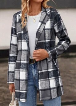 Dark Grey Pocket Plaid Long Sleeve Lapel Coat 10 Dark Grey Pocket Plaid Long Sleeve Lapel Coat -Women Clothing Sales Store 318969 P 16675458927574