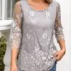 Grey Lace Three Quarter Length Sleeve Blouse