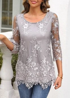 Grey Lace Three Quarter Length Sleeve Blouse -Women Clothing Sales Store 319042 P 16730034165990