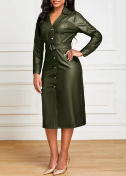 Blackish Green Belted Long Sleeve Bodycon Dress -Women Clothing Sales Store 319170 P 16678155214263