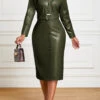 Blackish Green Belted Long Sleeve Bodycon Dress