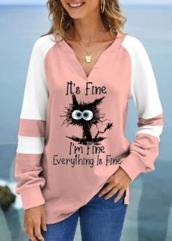 Light Pink Patchwork Letter Print Long Sleeve Sweatshirt