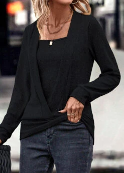 Black Fake 2in1 Long Sleeve Square Neck Sweatshirt -Women Clothing Sales Store 320805 P 16716025254823