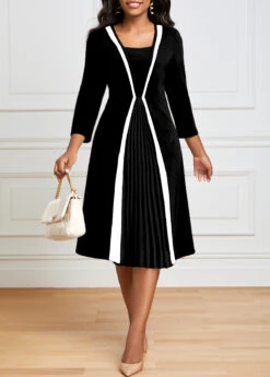 Black Pleated Hem Square Neck Dress