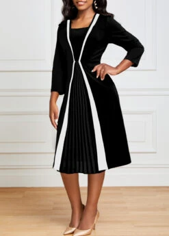 Black Pleated Hem Square Neck Dress -Women Clothing Sales Store 320972 P 16697908669382