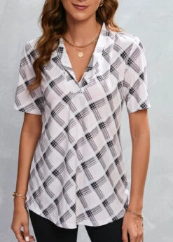 Beige Plaid Three Quarter Length Sleeve Blouse