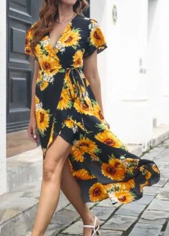 Black Surplice Floral Print Short Sleeve Dress