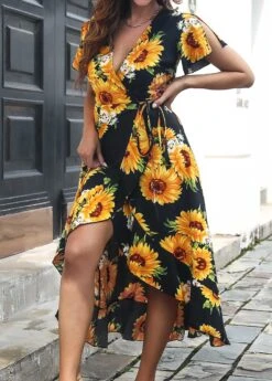 Black Surplice Floral Print Short Sleeve Dress -Women Clothing Sales Store 323228 P 1672284160252