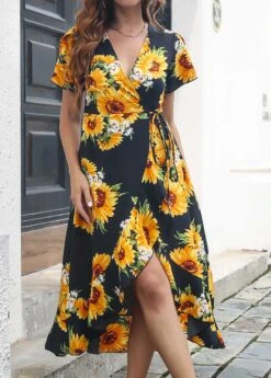 Black Surplice Floral Print Short Sleeve Dress -Women Clothing Sales Store 323228 P 1672284161642