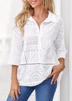 White Turndown Collar Hollow Embroidery Blouse 8 White Turndown Collar Hollow Embroidery Blouse -Women Clothing Sales Store 323718 P 16732267407413