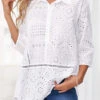 White Turndown Collar Hollow Embroidery Blouse