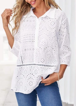 White Turndown Collar Hollow Embroidery Blouse