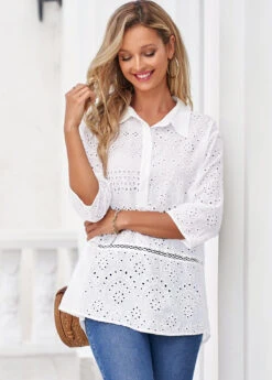 White Turndown Collar Hollow Embroidery Blouse 9 White Turndown Collar Hollow Embroidery Blouse -Women Clothing Sales Store 323718 P 16732267409954