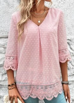 Light Pink Lace Three Quarter Length Sleeve Blouse -Women Clothing Sales Store 323797 P 16796413130572