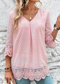 Light Pink Lace Three Quarter Length Sleeve Blouse