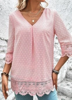 Light Pink Lace Three Quarter Length Sleeve Blouse -Women Clothing Sales Store 323797 P 16796413137904