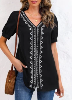 Black Embroidery Tribal Print Long Sleeve Blouse