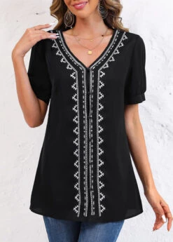Black Embroidery Tribal Print Long Sleeve Blouse -Women Clothing Sales Store 326145 P 1675912697137
