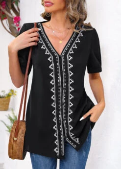 Black Embroidery Tribal Print Long Sleeve Blouse -Women Clothing Sales Store 326145 P 1675912697199