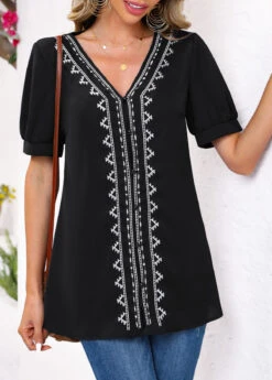 Black Embroidery Tribal Print Long Sleeve Blouse -Women Clothing Sales Store 326145 P 1675912697372