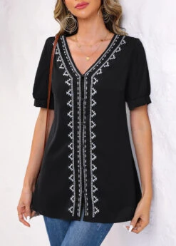 Black Embroidery Tribal Print Long Sleeve Blouse -Women Clothing Sales Store 326145 P 1675912697647