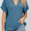 Peacock Blue Lightweigh Short Sleeve V Neck Blouse