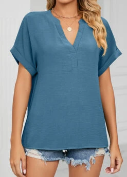 Peacock Blue Lightweigh Short Sleeve V Neck Blouse -Women Clothing Sales Store 327062 P 1676859163064