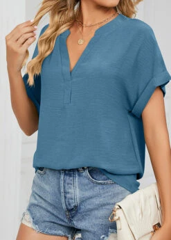 Peacock Blue Lightweigh Short Sleeve V Neck Blouse -Women Clothing Sales Store 327062 P 1676859163328