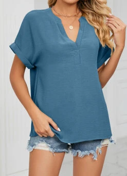 Peacock Blue Lightweigh Short Sleeve V Neck Blouse -Women Clothing Sales Store 327062 P 1676859163825