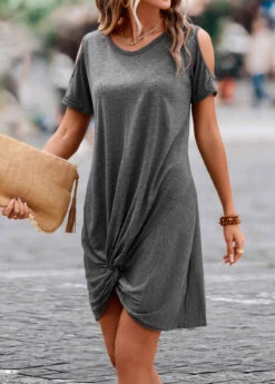 Dark Grey Twist Short H Shape Dress -Women Clothing Sales Store 327148 P 16802335889522