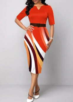 Orange Geometric Print Short Sleeve Bodycon Dress
