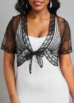 Black Mesh Short Sleeve V Neck Coat