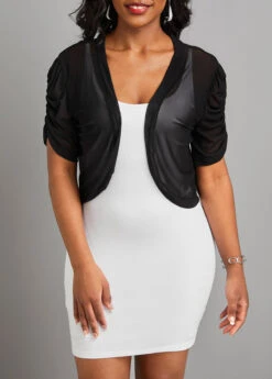 Black Ruched Short Sleeve Open Front Coat