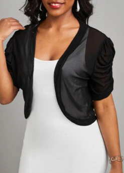 Black Ruched Short Sleeve Open Front Coat -Women Clothing Sales Store 329711 P 16808511639393