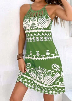 Women Clothing Sales Store 34 Avocado Green Cage Neck Tribal Print Dress
