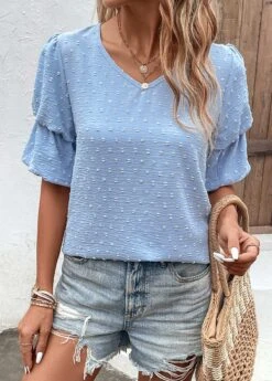 Dusty Blue Lightweight Half Sleeve V Neck Blouse 9 Dusty Blue Lightweight Half Sleeve V Neck Blouse -Women Clothing Sales Store 329931 P 16818068135520