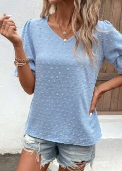 Dusty Blue Lightweight Half Sleeve V Neck Blouse 10 Dusty Blue Lightweight Half Sleeve V Neck Blouse -Women Clothing Sales Store 329931 P 16818068136214