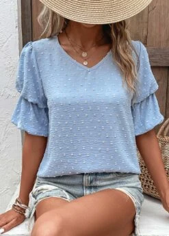 Dusty Blue Lightweight Half Sleeve V Neck Blouse 11 Dusty Blue Lightweight Half Sleeve V Neck Blouse -Women Clothing Sales Store 329931 P 16818068137075