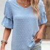 Dusty Blue Lightweight Half Sleeve V Neck Blouse