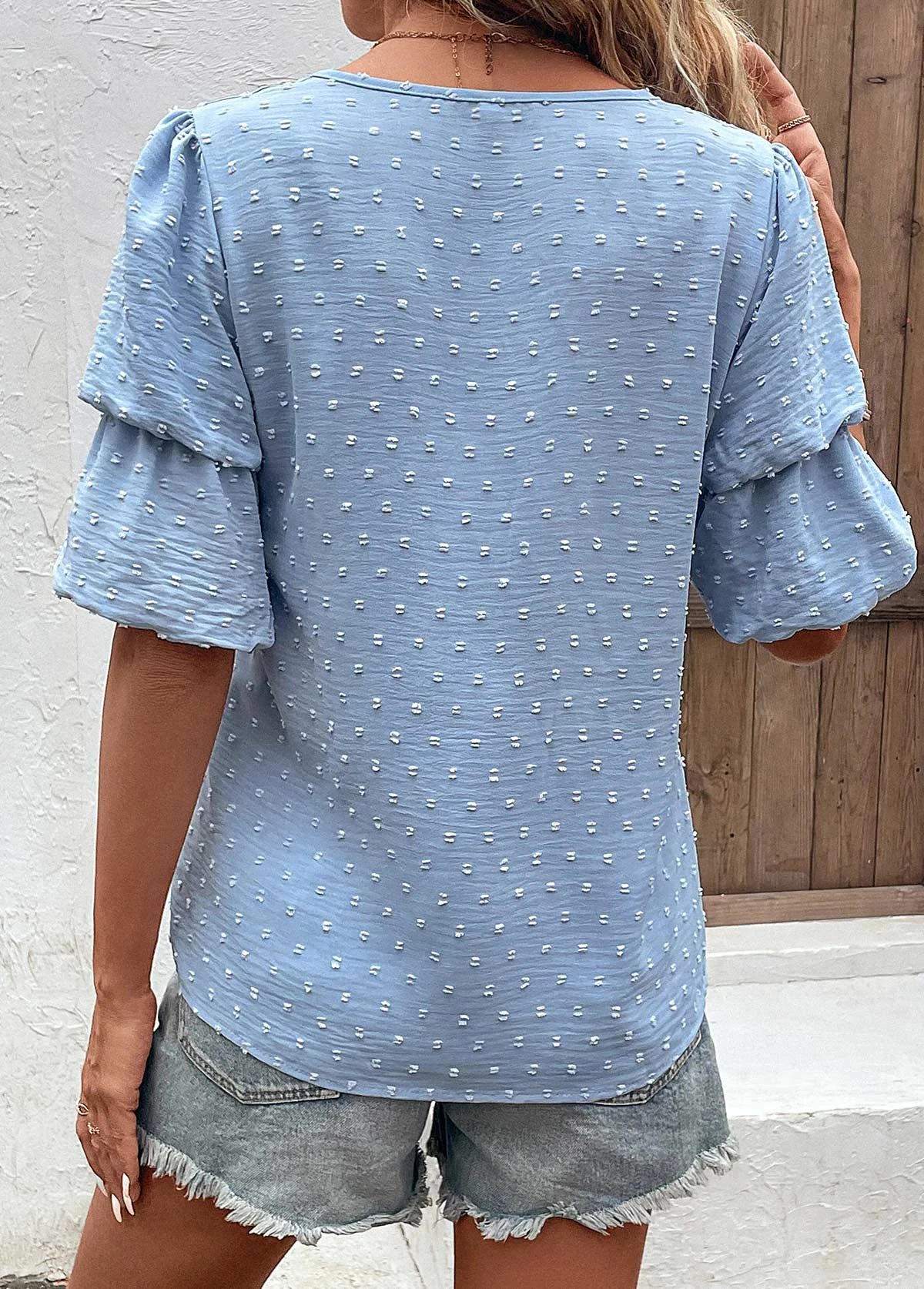 Dusty Blue Lightweight Half Sleeve V Neck Blouse 2 Dusty Blue Lightweight Half Sleeve V Neck Blouse - Image 2