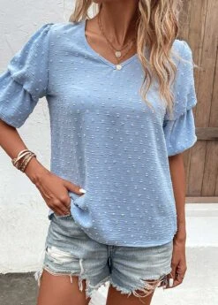 Dusty Blue Lightweight Half Sleeve V Neck Blouse 8 Dusty Blue Lightweight Half Sleeve V Neck Blouse -Women Clothing Sales Store 329931 P 16818068139593