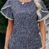 Navy Patchwork Polka Dot Short Sleeve Blouse