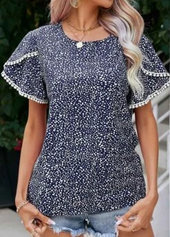 Navy Patchwork Polka Dot Short Sleeve Blouse