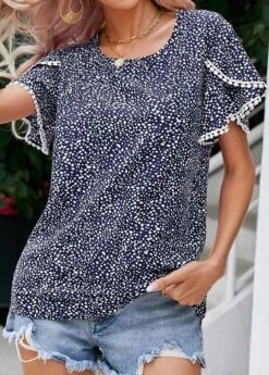 Navy Patchwork Polka Dot Short Sleeve Blouse -Women Clothing Sales Store 329956 P 1679475334374